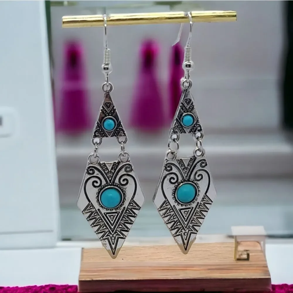 Turquoise Dangle Earrings Western Boho Tribal Silver Statement Drop Festival